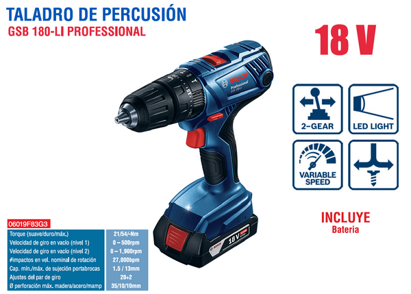 BOSCH TALADRO IMPACTO GSB 180-LI + 1 BATERIA