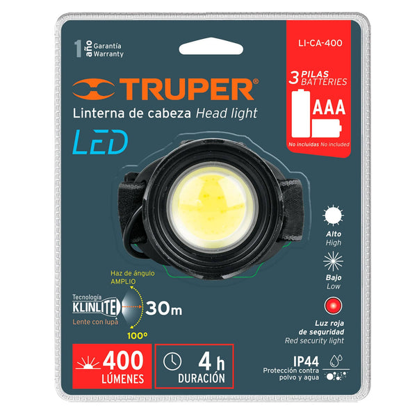 Linterna para cabeza, 3 pilas AAA, 400 lúmenes, 1 LED