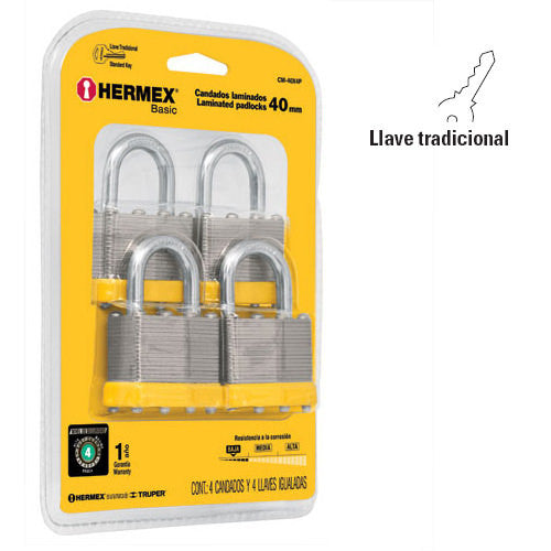 CANDADOS LAMINADOS, 40MM, 4 PIEZAS, HERMEX