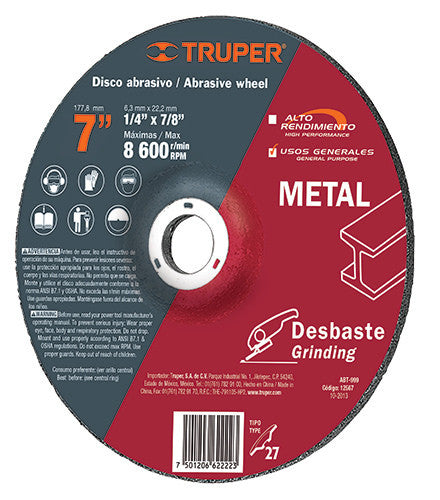 DISCO PARA DESBASTE DE METAL, TIPO 27, DIÁMETRO 7', 1/4'