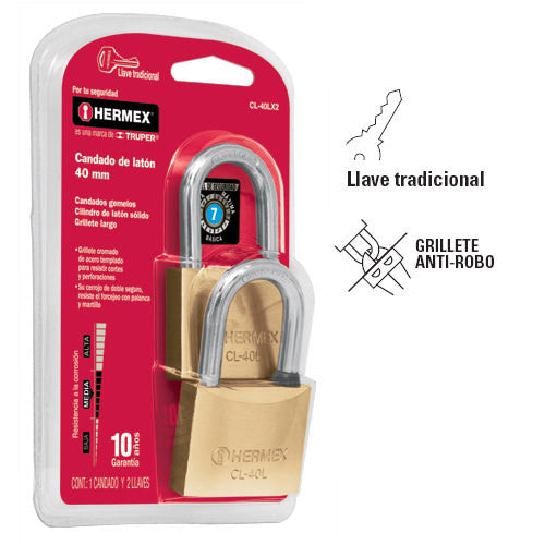 CANDADOS DE LATÓN, 40MM, GANCHO LARGO, 2 PIEZAS