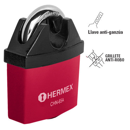 CANDADO METÁLICO CON CUBIERTA DE NYLON, 65 MM, LLAVE ABLOY