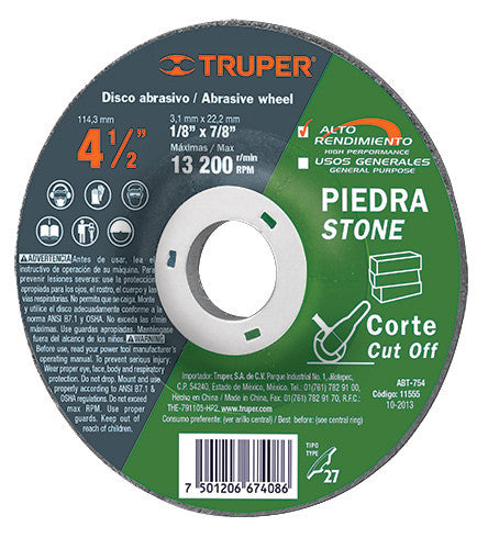 DISCO PARA CORTE DE PIEDRA, TIPO 27, DIÁMETRO 4-1/2'