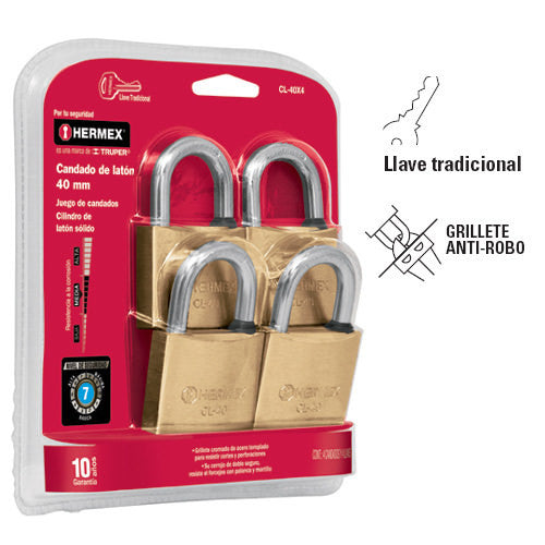 CANDADOS DE LATÓN, 40MM, 4 PIEZAS