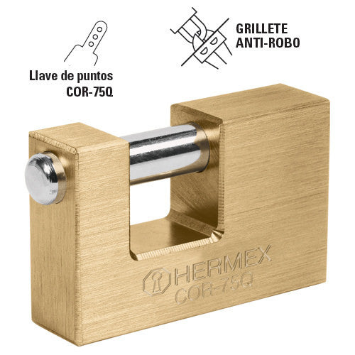CANDADO LATÓN, ANTIPALANCA, ALTA SEGUR., LLAVE PUNTOS, 75MM