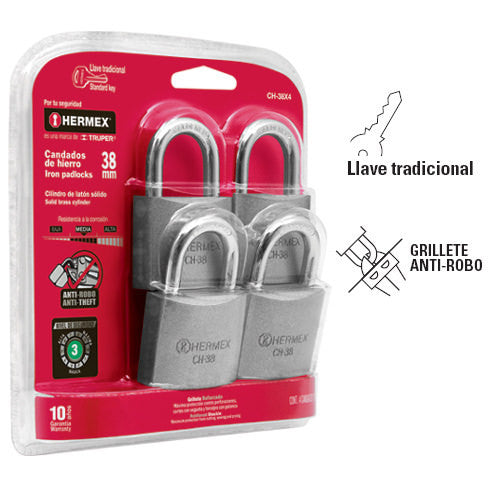 CANDADOS DE HIERRO, 38 MM, 4 PIEZAS