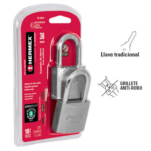 CANDADOS DE HIERRO, GEMELOS, 38MM, GANCHO LARGO