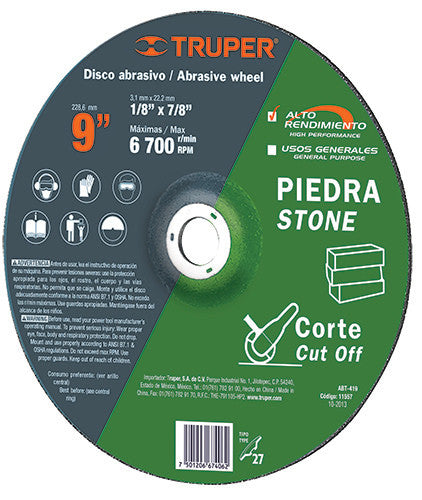 DISCO PARA CORTE DE PIEDRA, TIPO 27, DIÁMETRO 9'