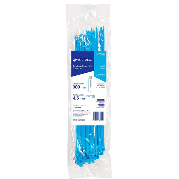 Cincho plástico azul 50 lb, 30 cm bolsa con 50 piezas